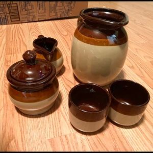 Ceramic/Stoneware Brown & Tan Crock Pitcher,Country,matching cups,sugar,creamer